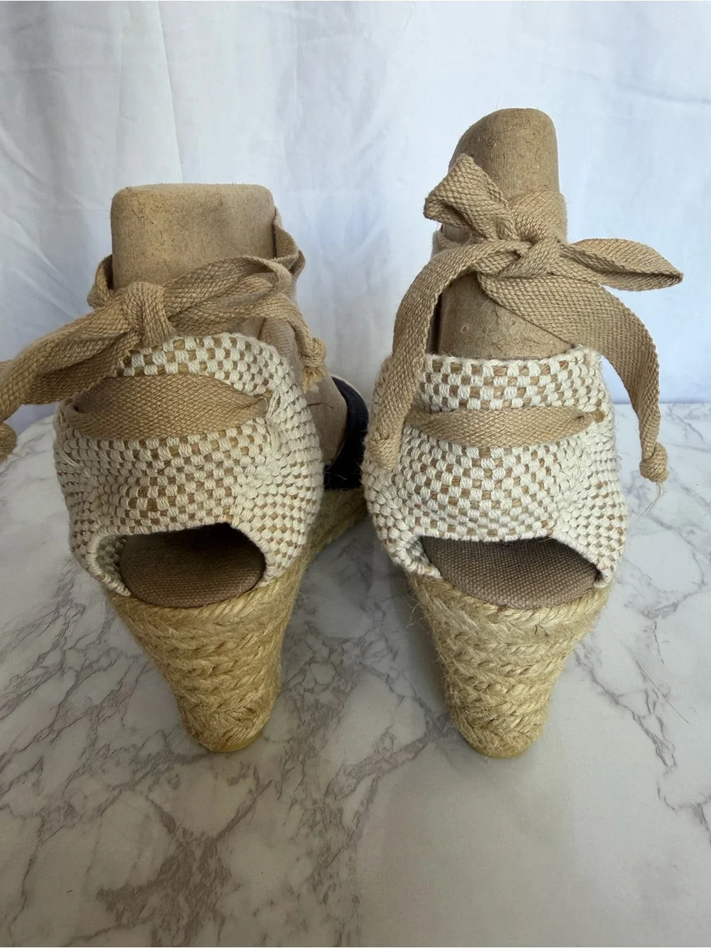 Women's Ankle-Tie Espadrille Wedges in Black and Tan